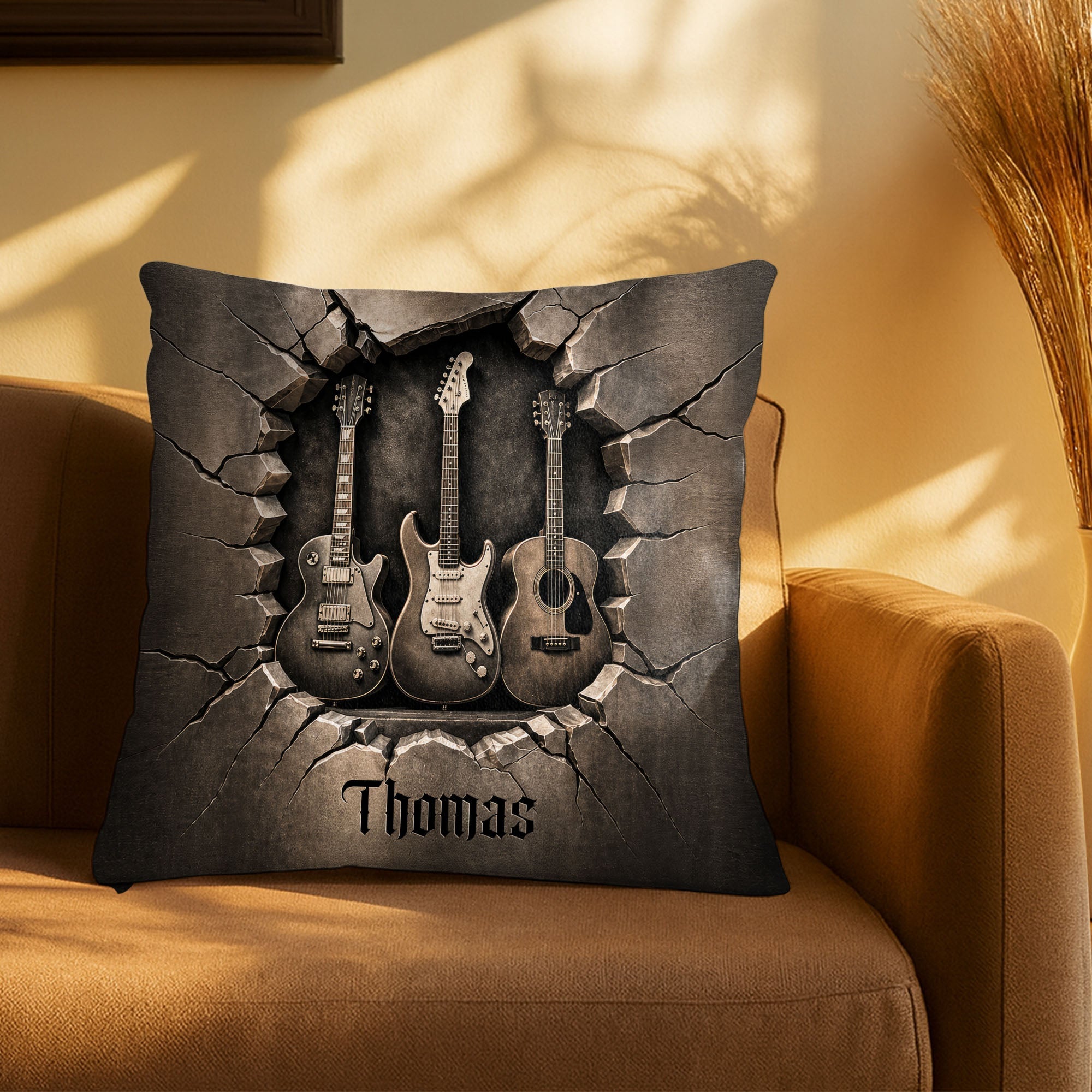 Personalized Guitar Lover Pillow Custom Name 3D Stone Effect Gift