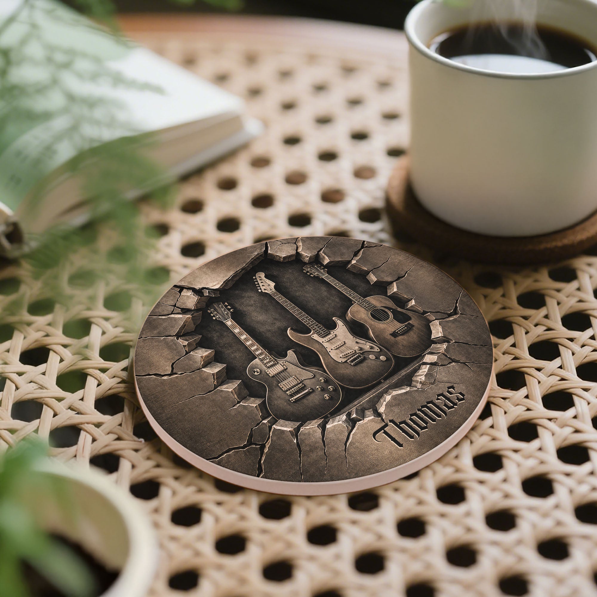 Personalized Ceramic Coaster with 3D Guitars Gift for Music Lovers