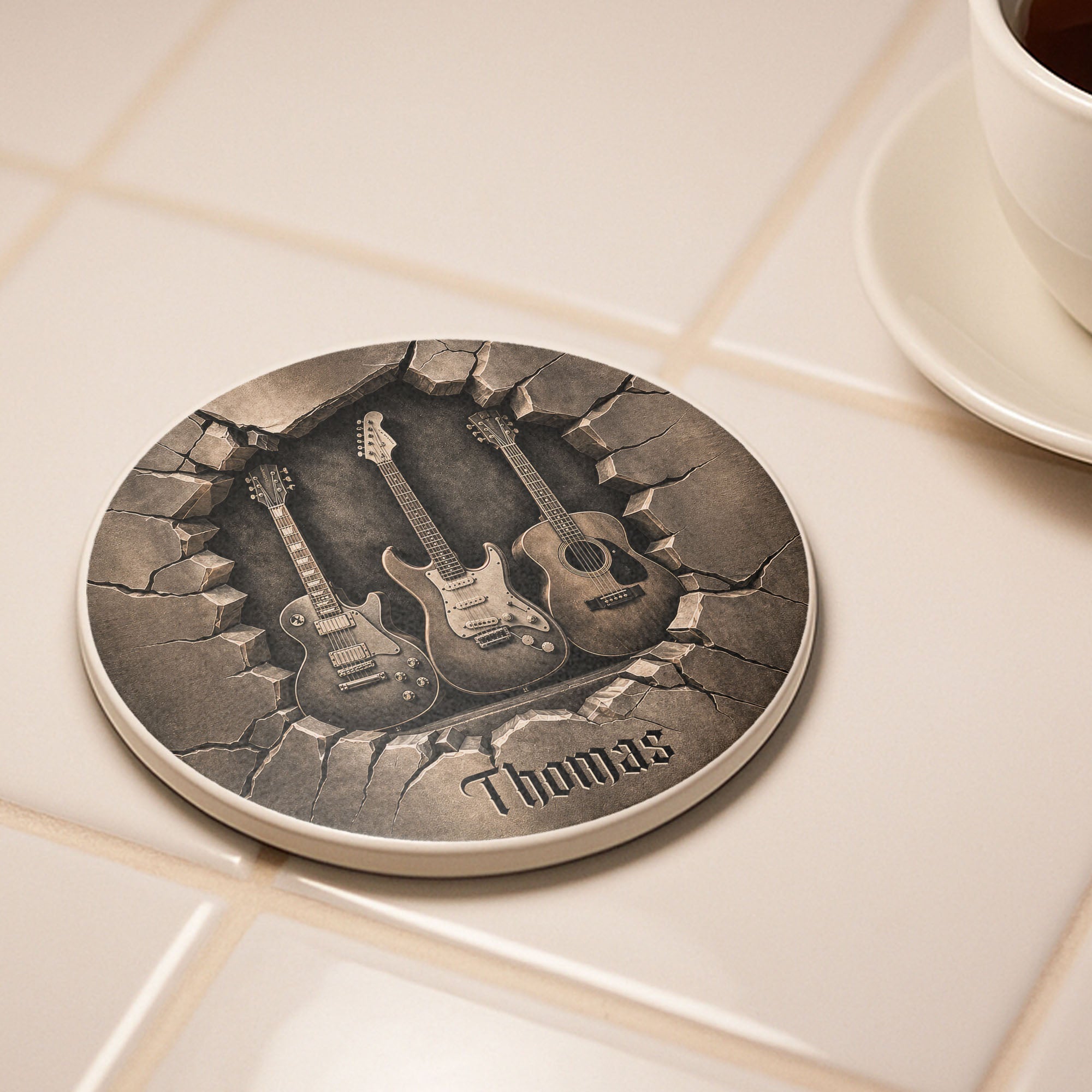 Personalized Ceramic Coaster with 3D Guitars Gift for Music Lovers
