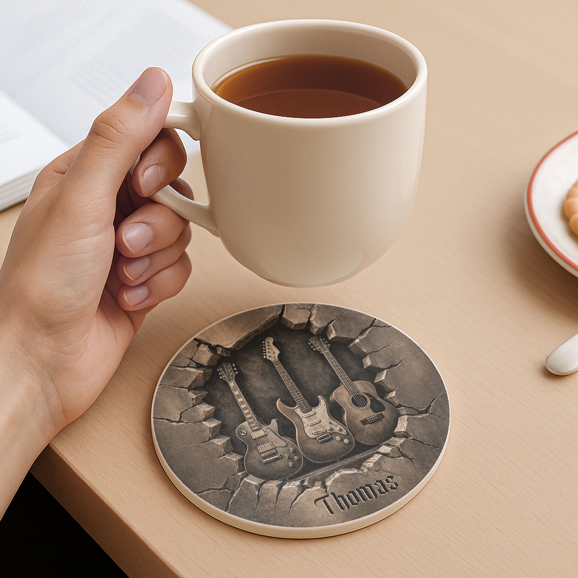 Personalized Ceramic Coaster with 3D Guitars Gift for Music Lovers