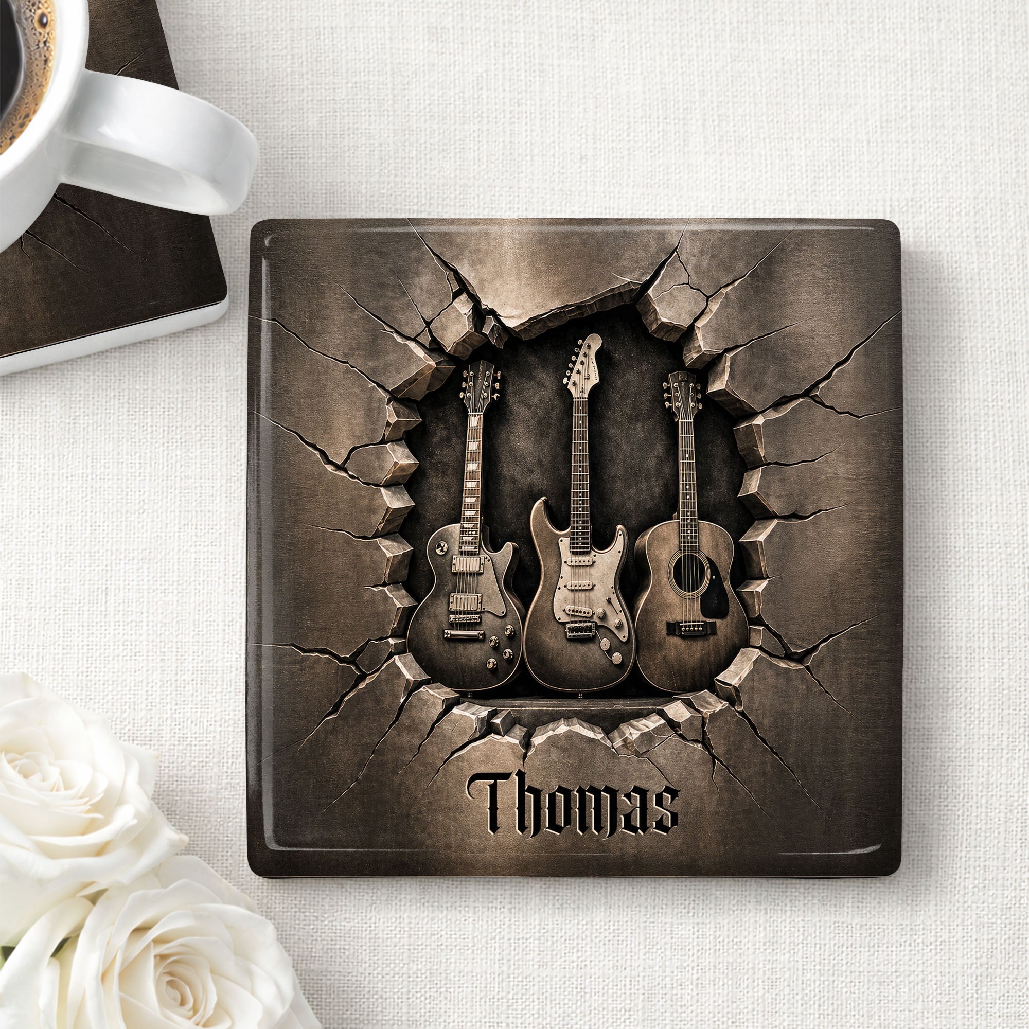 Personalized Music-Themed Ceramic Coaster Custom Gift for Dad