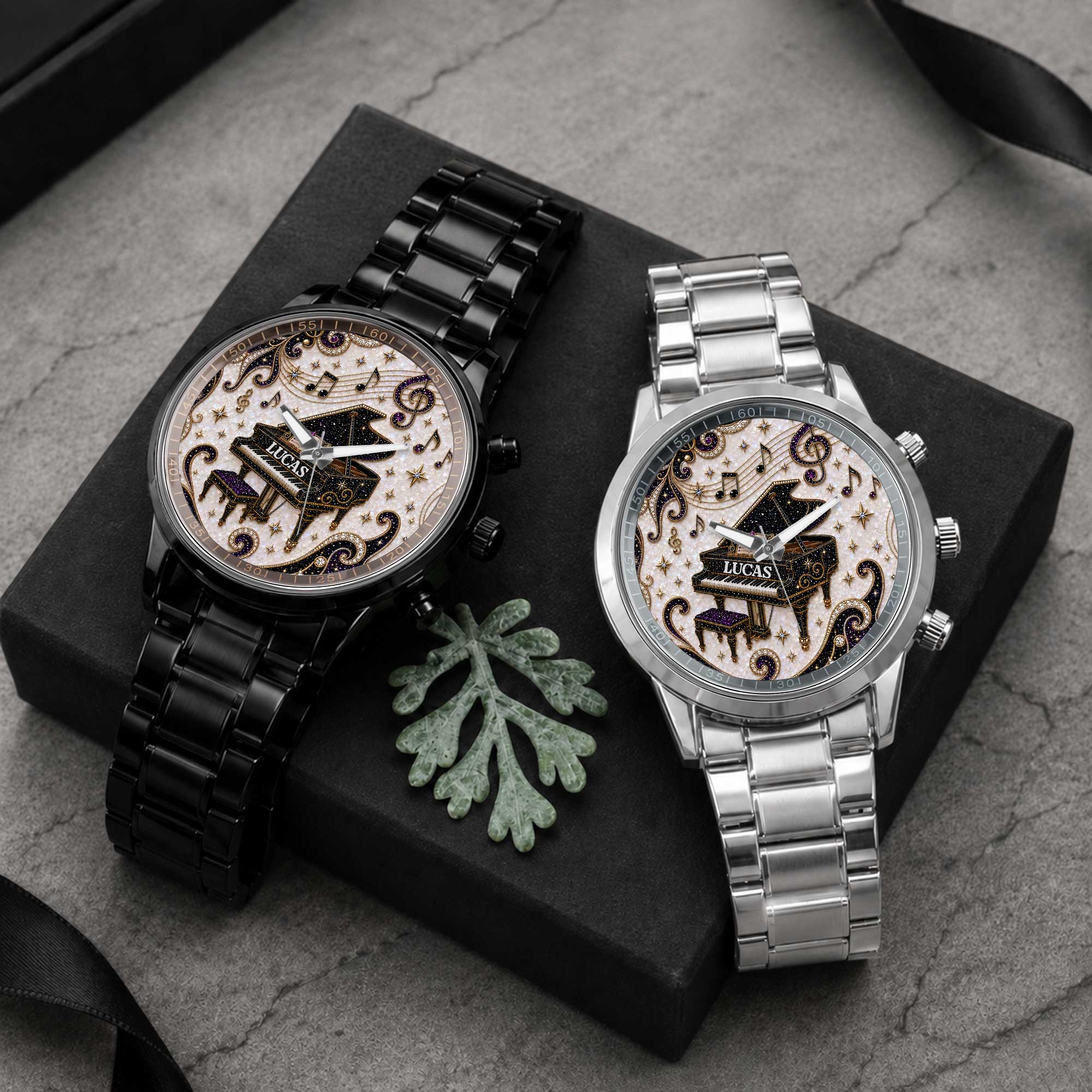 Personalized Black Men's Watch with Custom Music Photo Gift for Him