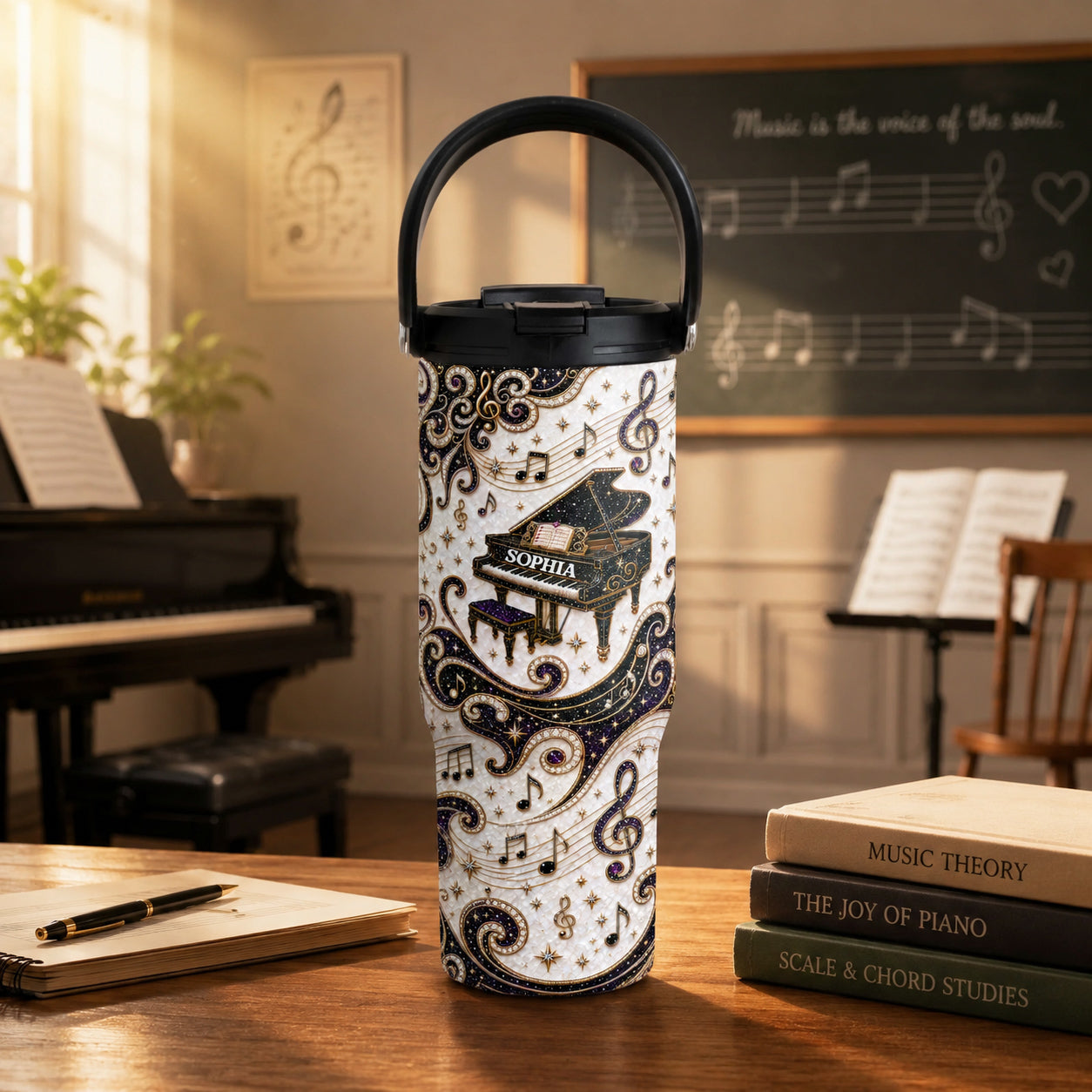 Personalized Music Themed 30oz Tumbler with Handle Gift for Music Lovers