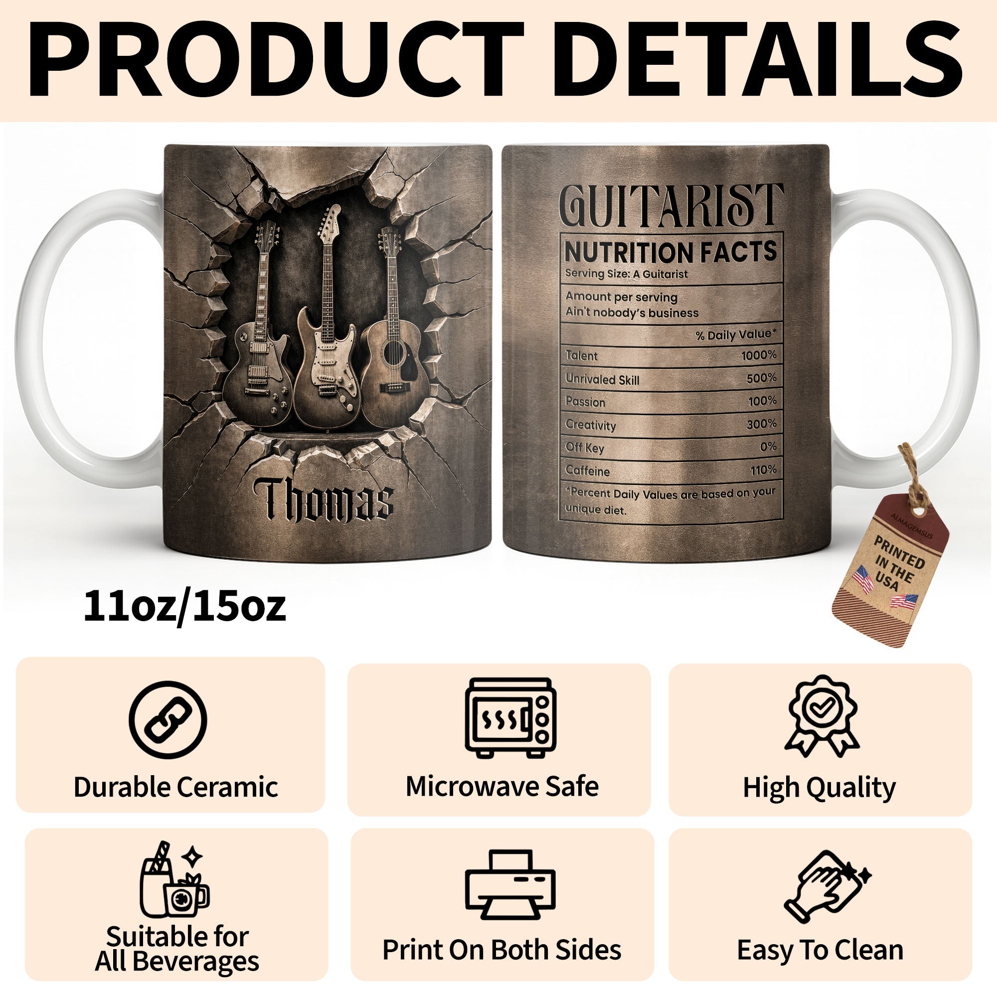 Personalized Music Mug Custom Gift for Guitar Lovers Dad