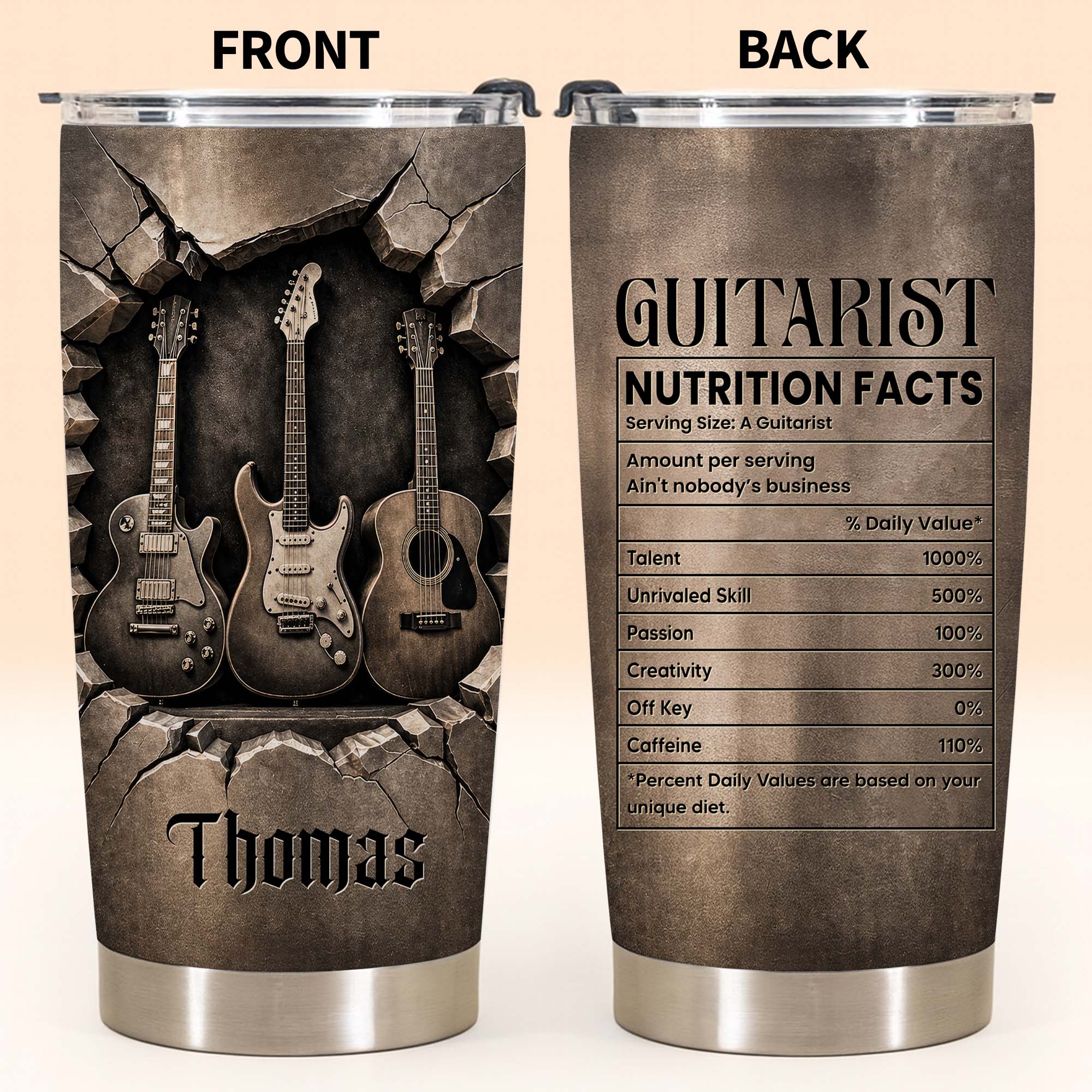 Personalized Stainless Steel Tumbler with Guitar Design Custom Gift for Dad