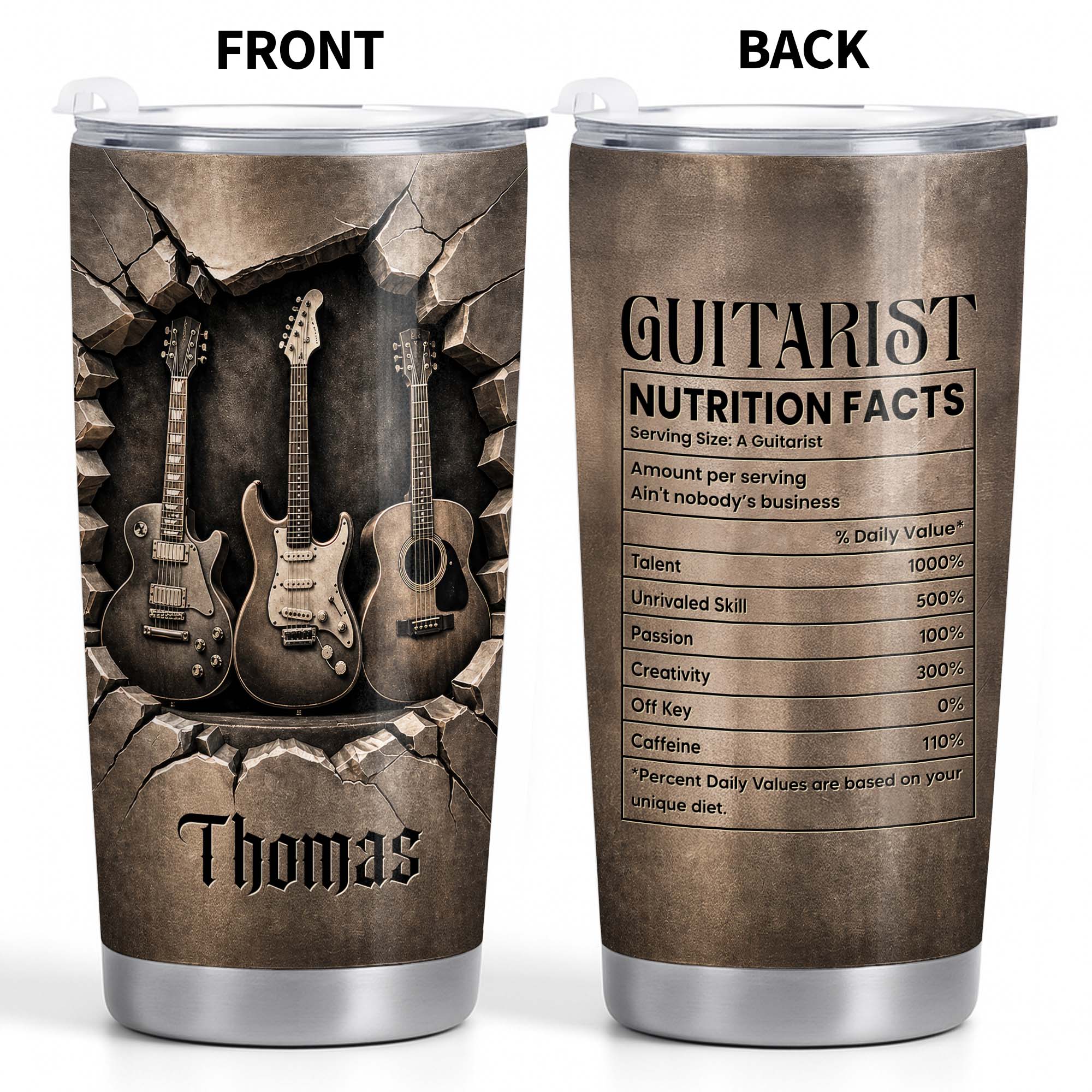 Personalized Stainless Steel Tumbler with Guitar Design Custom Gift for Dad