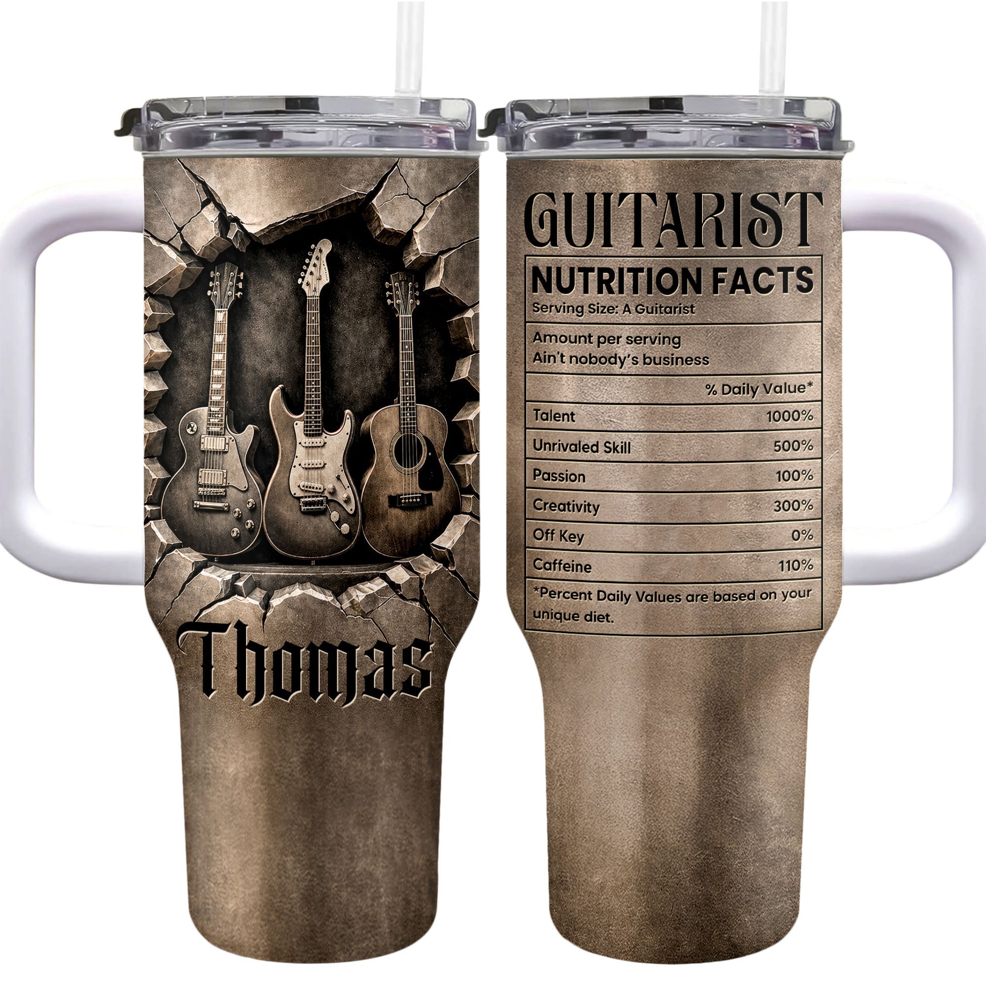 Personalized Guitarist Nutrition Facts Tumbler Custom Name 40oz Gift for Music Lovers