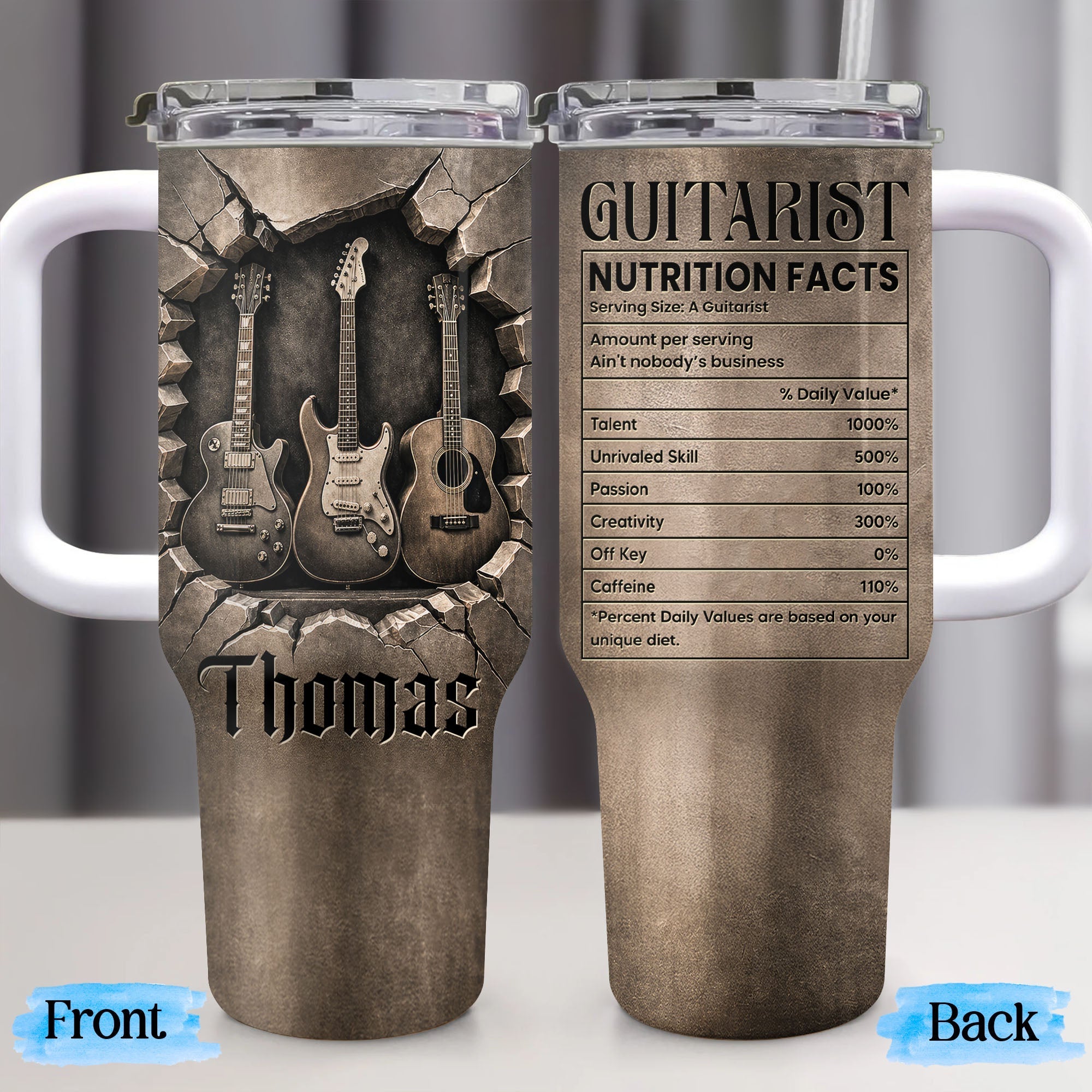 Personalized Guitarist Nutrition Facts Tumbler Custom Name 40oz Gift for Music Lovers