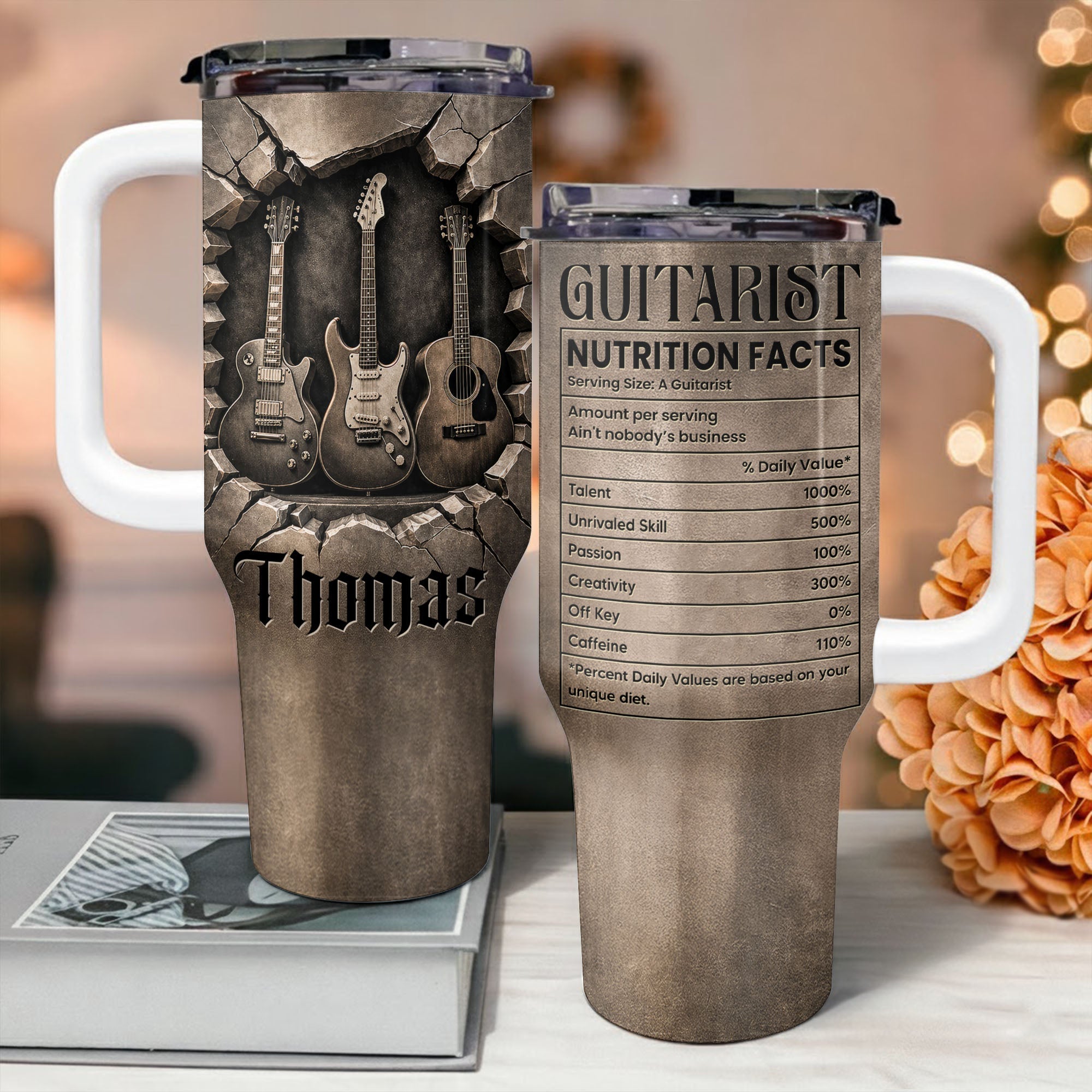 Personalized Guitarist Nutrition Facts Tumbler Custom Name 40oz Gift for Music Lovers