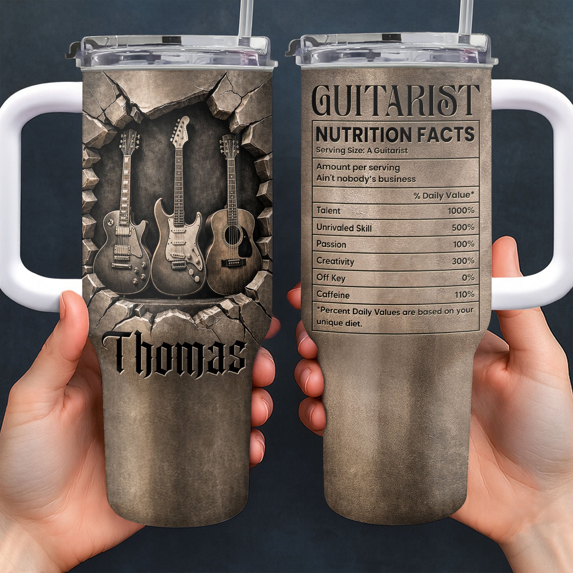 Personalized Guitarist Nutrition Facts Tumbler Custom Name 40oz Gift for Music Lovers