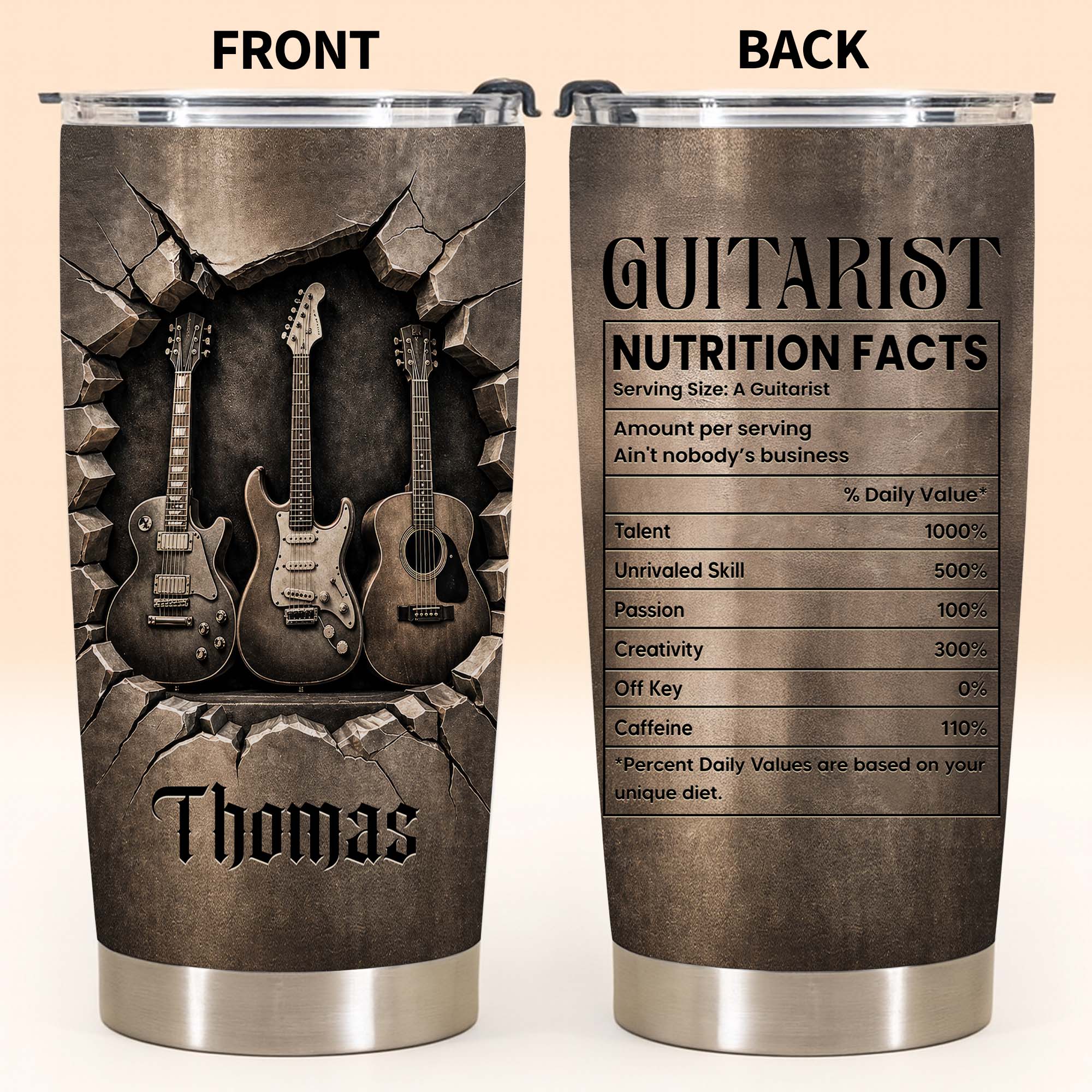 Personalized Guitarist Nutrition Facts Tumbler 20oz Gift for Him
