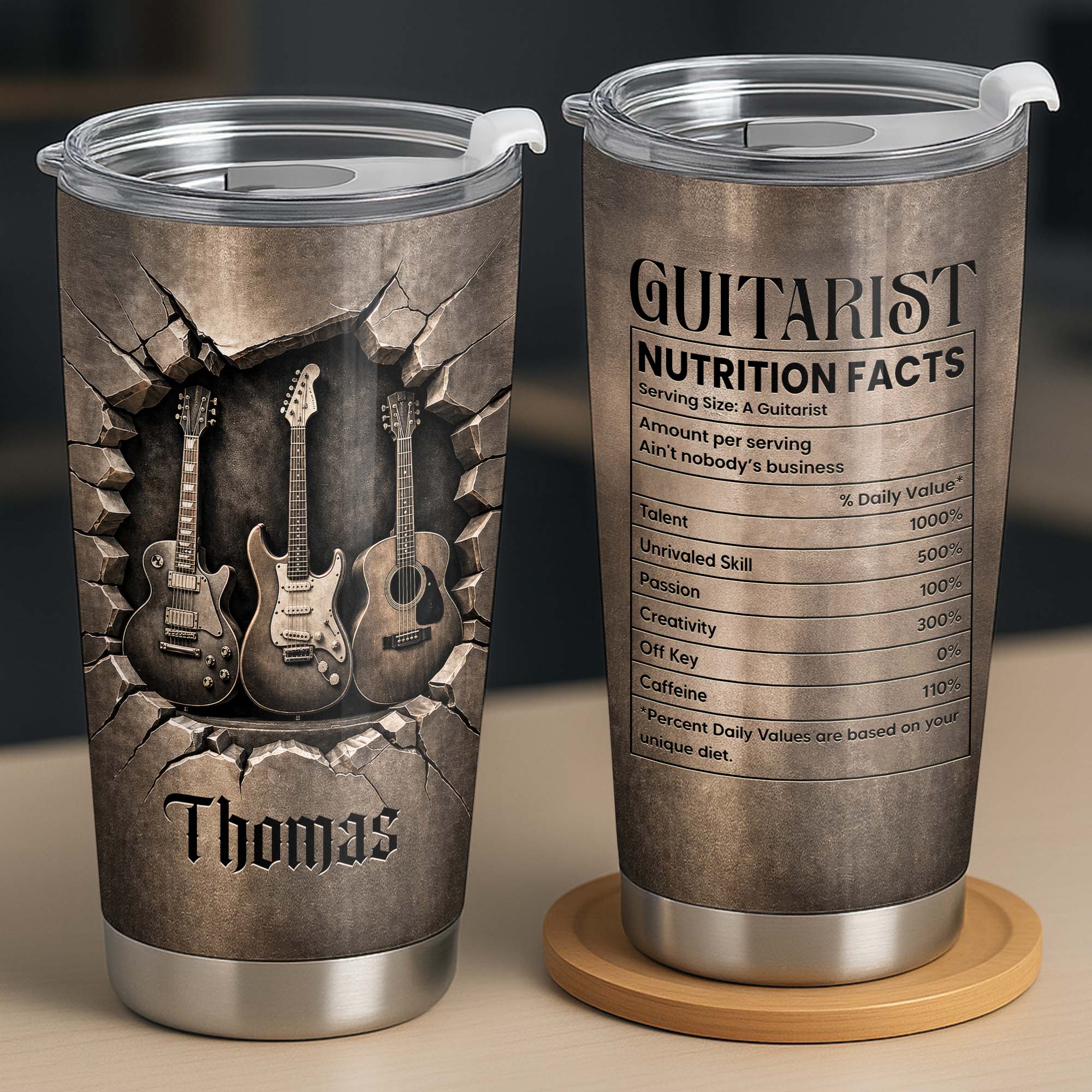 Personalized Guitarist Nutrition Facts Tumbler 20oz Gift for Him