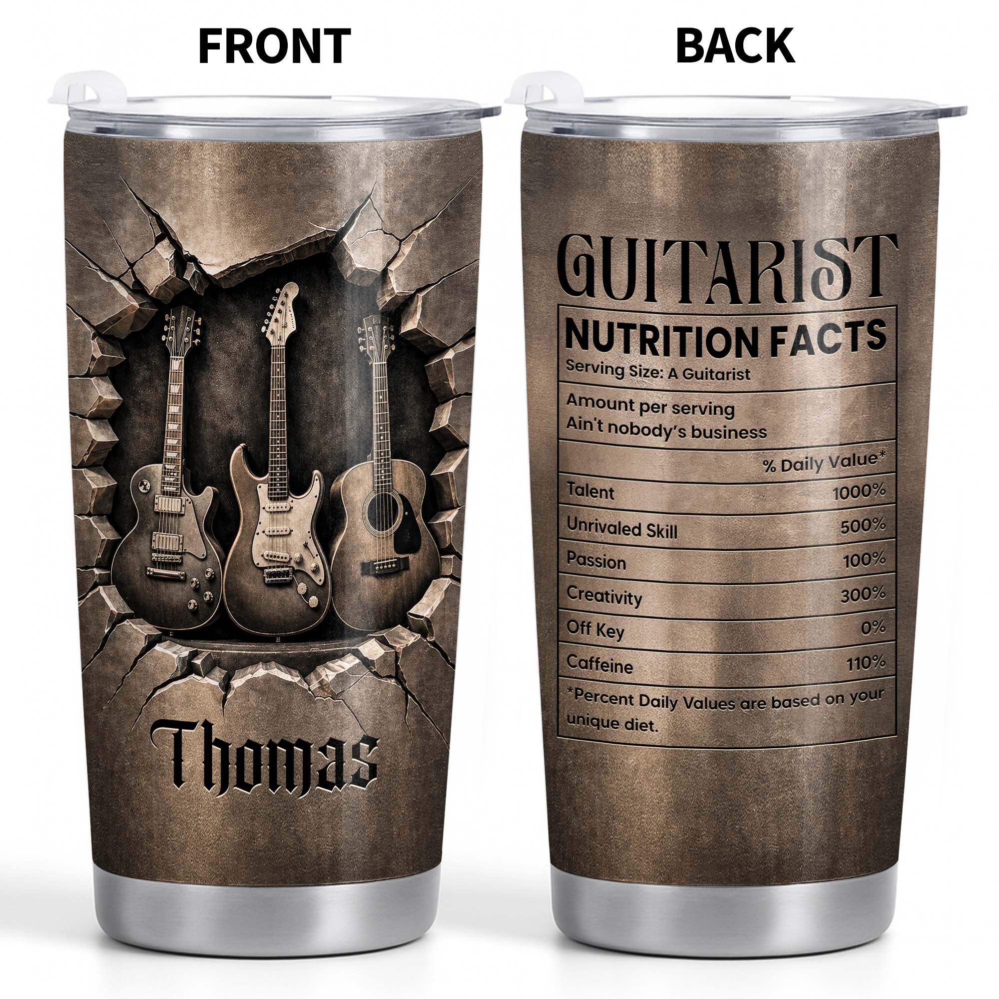 Personalized Guitarist Nutrition Facts Tumbler 20oz Gift for Him