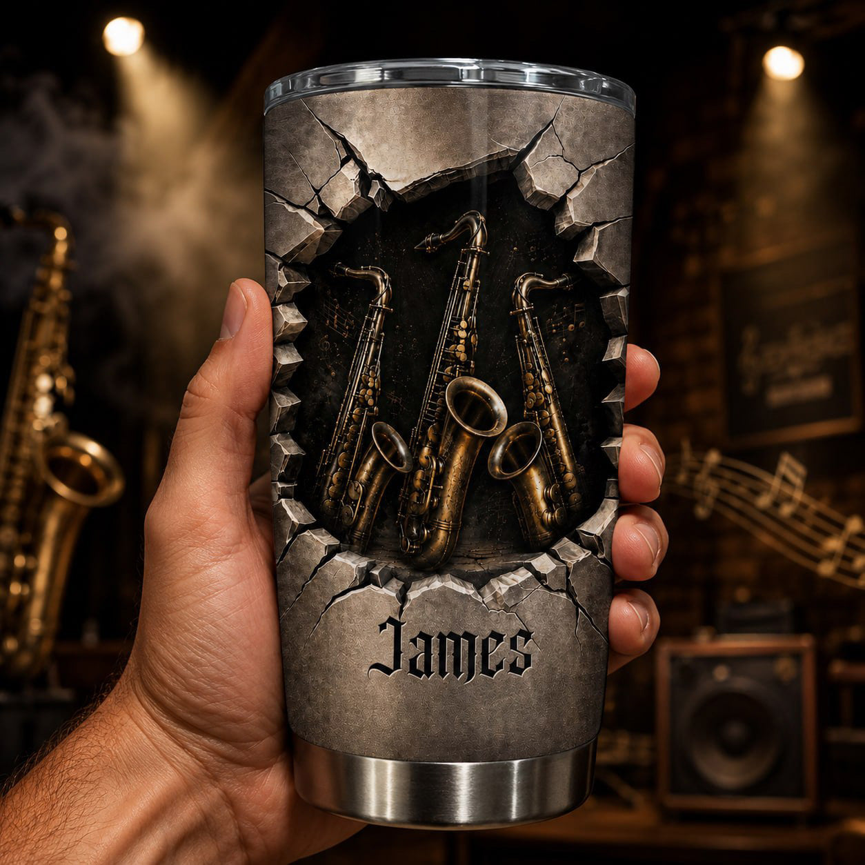 Personalized Music Lover Tumbler with Saxophones Custom Name Gift for Dad