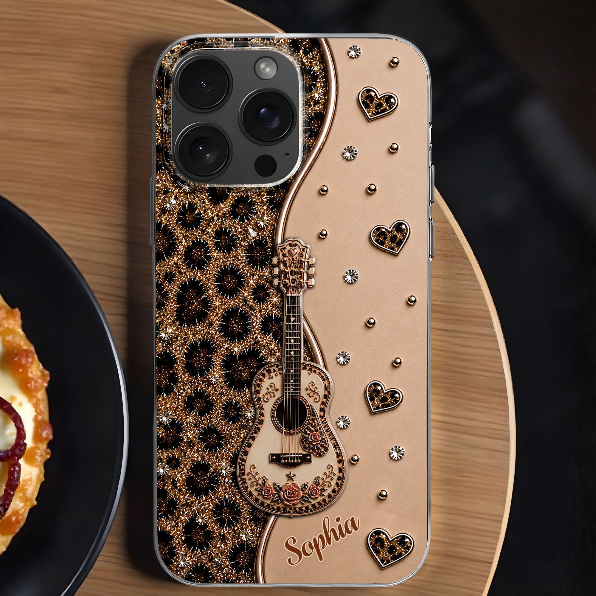 Personalized Clear Phone Case with Guitar & Leopard Print for Music Lovers