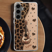 Load image into Gallery viewer, Personalized Clear Phone Case with Guitar &amp; Leopard Print for Music Lovers
