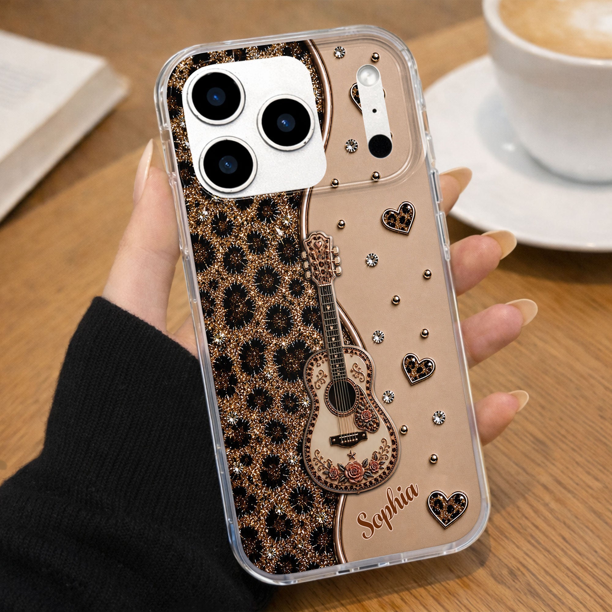 Personalized Clear Phone Case with Guitar & Leopard Print for Music Lovers