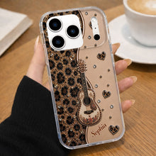 Load image into Gallery viewer, Personalized Clear Phone Case with Guitar &amp; Leopard Print for Music Lovers
