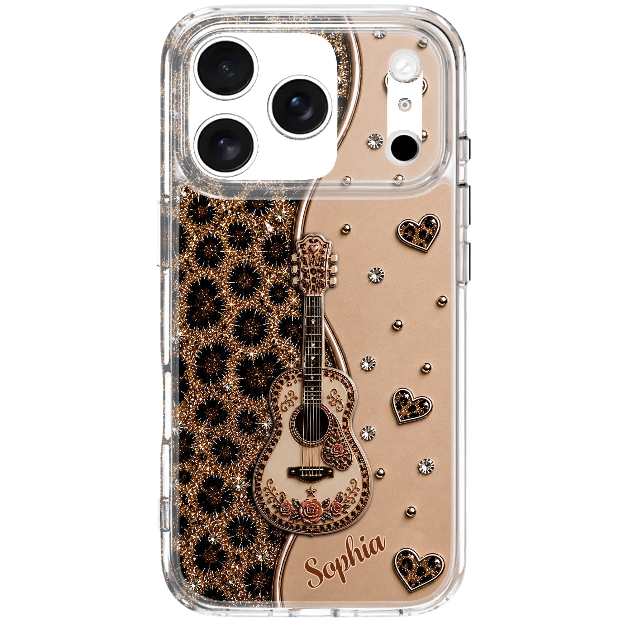 Personalized Clear Phone Case with Guitar & Leopard Print for Music Lovers