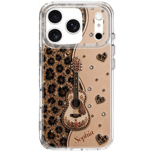 Load image into Gallery viewer, Personalized Clear Phone Case with Guitar &amp; Leopard Print for Music Lovers
