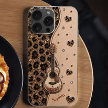 Load image into Gallery viewer, Personalized Clear Phone Case with Guitar &amp; Leopard Print for Music Lovers
