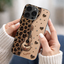 Load image into Gallery viewer, Personalized Clear Phone Case with Guitar &amp; Leopard Print for Music Lovers
