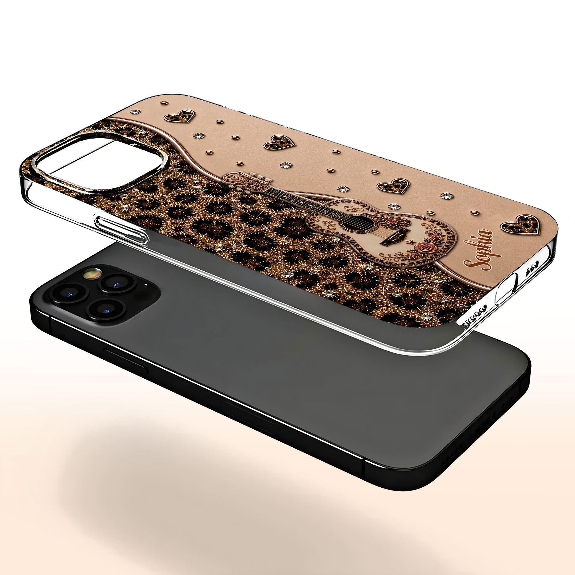 Personalized Clear Phone Case with Guitar & Leopard Print for Music Lovers
