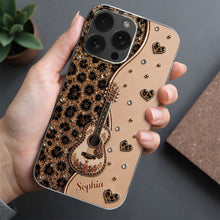 Load image into Gallery viewer, Personalized Clear Phone Case with Guitar &amp; Leopard Print for Music Lovers
