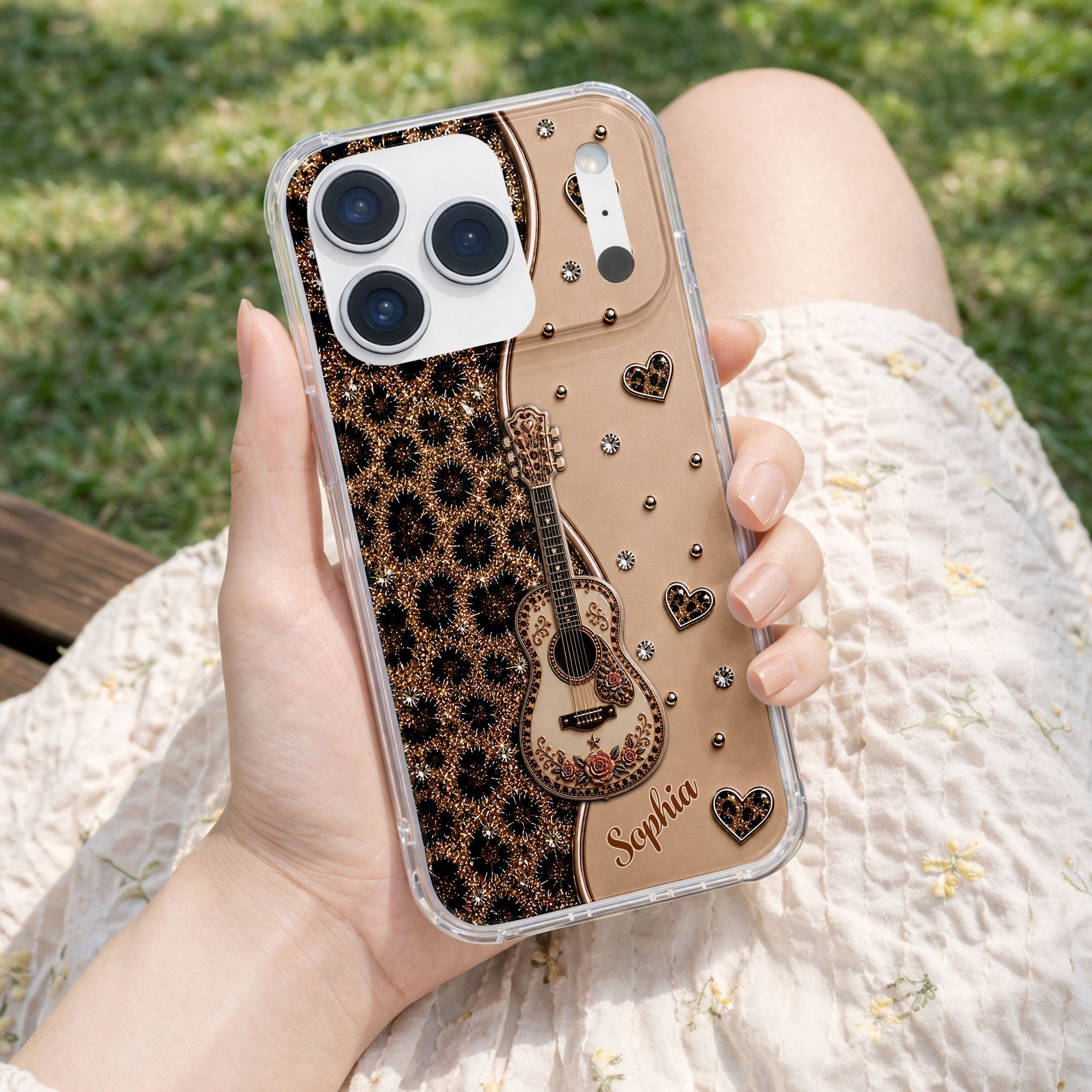 Personalized Clear Phone Case with Guitar & Leopard Print for Music Lovers