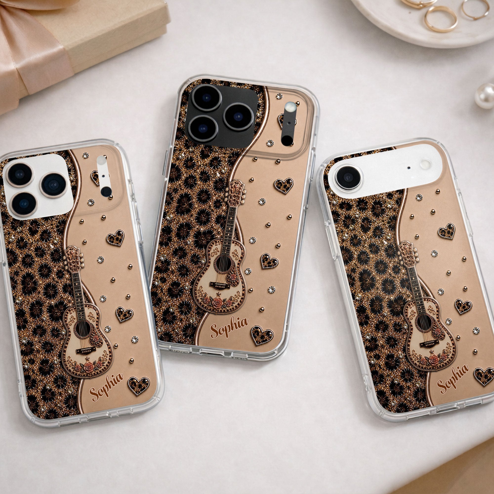 Personalized Clear Phone Case with Guitar & Leopard Print for Music Lovers