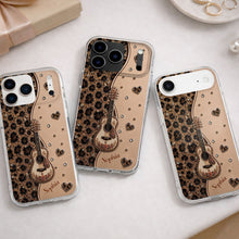Load image into Gallery viewer, Personalized Clear Phone Case with Guitar &amp; Leopard Print for Music Lovers
