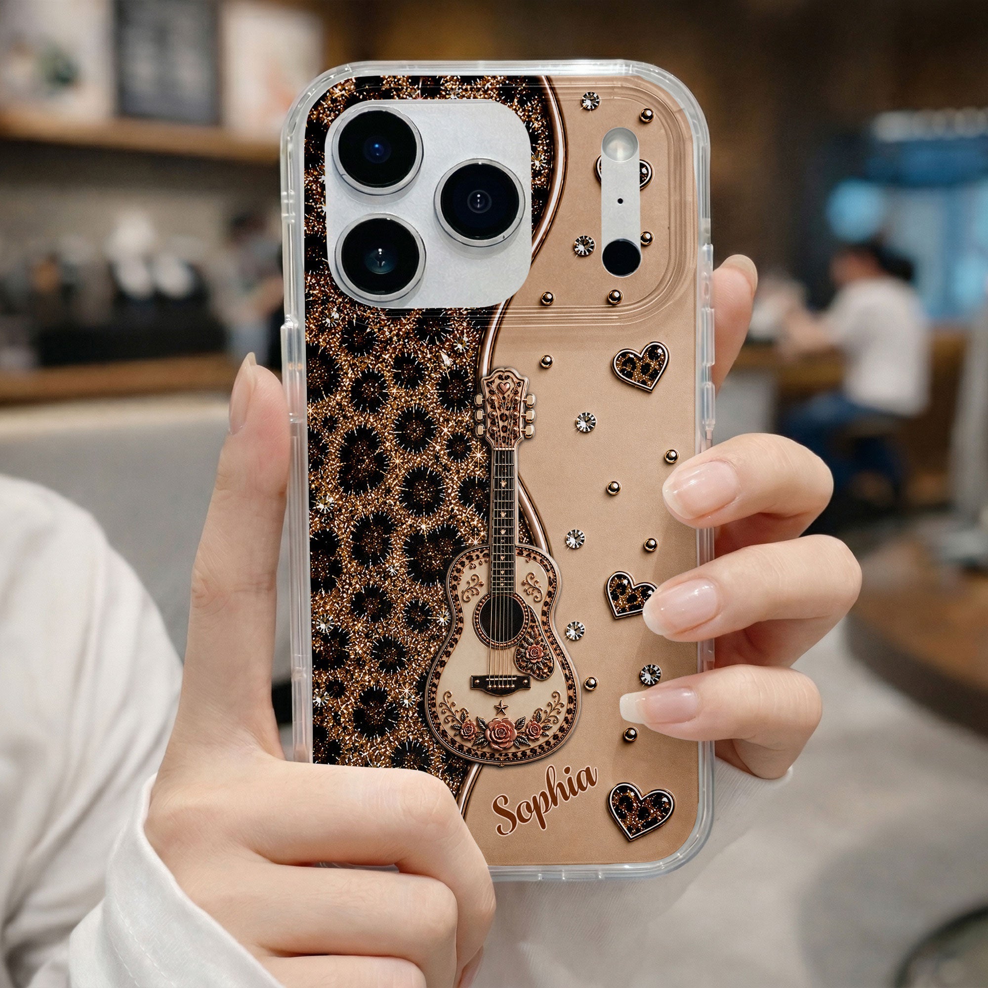 Personalized Clear Phone Case with Guitar & Leopard Print for Music Lovers