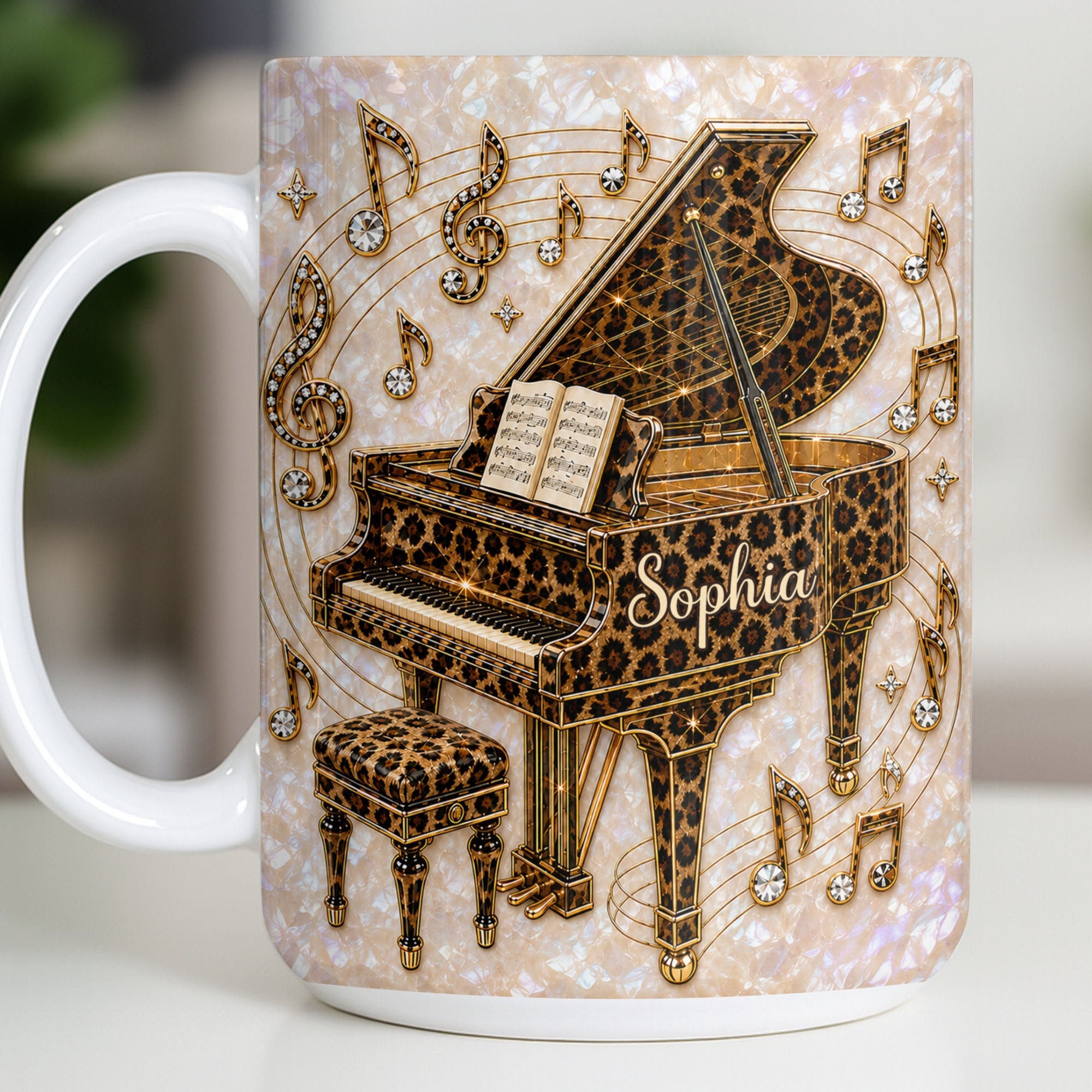 Personalized Leopard Pattern Grand Piano Mug Custom Gift for Music Lovers