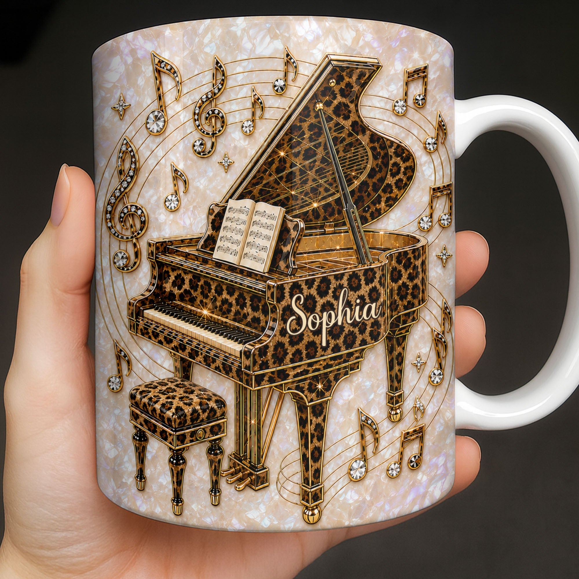 Personalized Leopard Pattern Grand Piano Mug Custom Gift for Music Lovers
