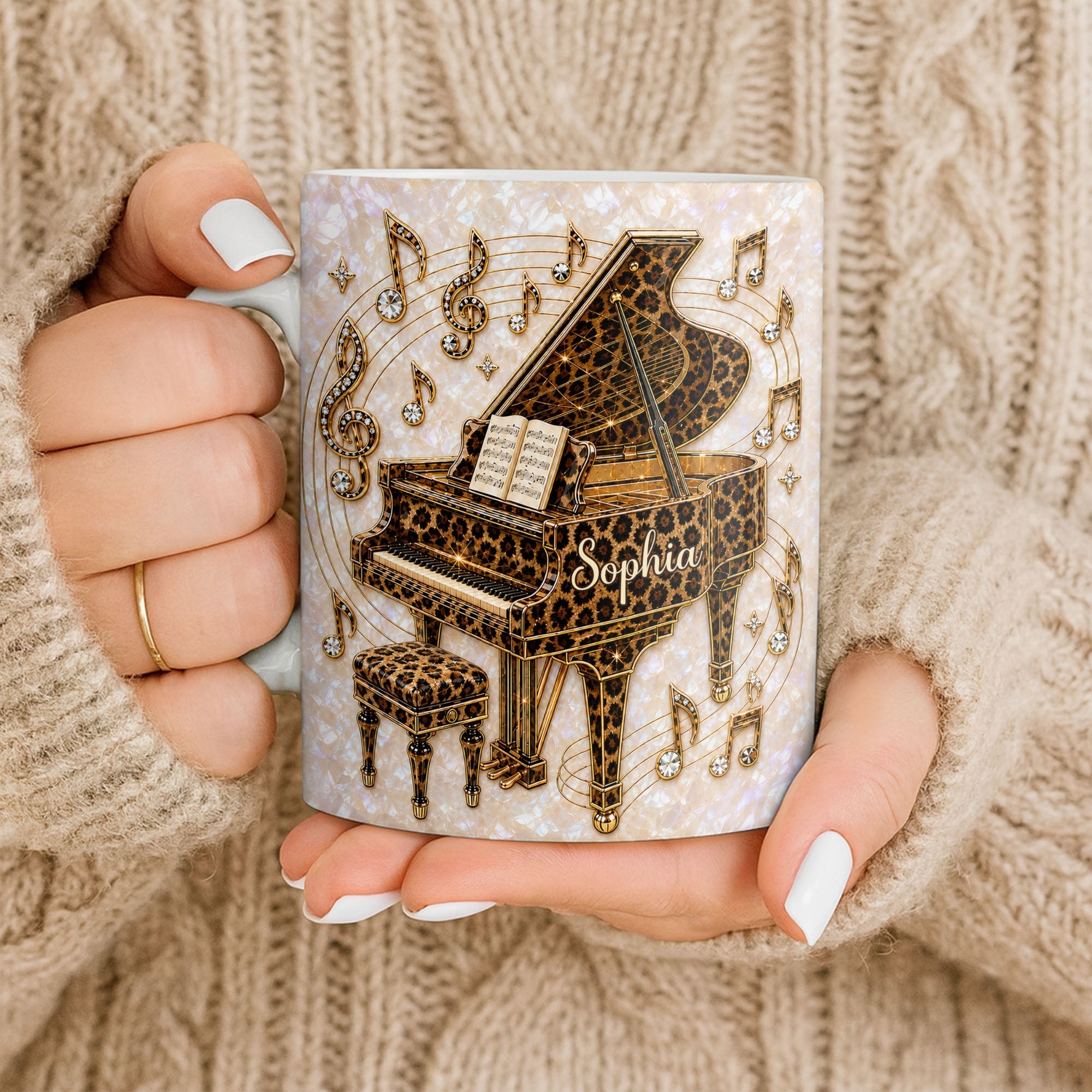 Personalized Leopard Pattern Grand Piano Mug Custom Gift for Music Lovers