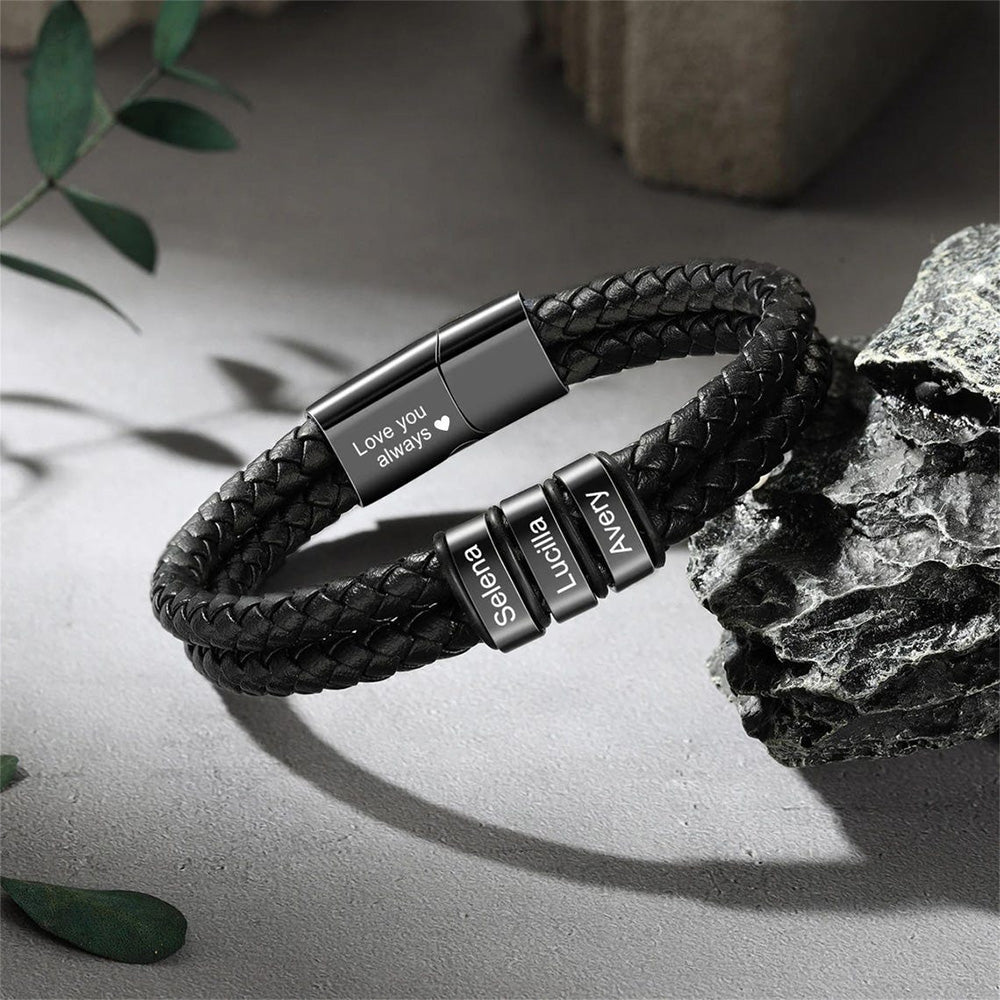 Personalized Leather Bracelet with Engraved Kid Names Gift for Dad