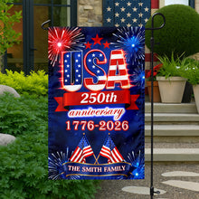 Load image into Gallery viewer, Personalized Family Name Garden Flag USA 250th Anniversary Gift
