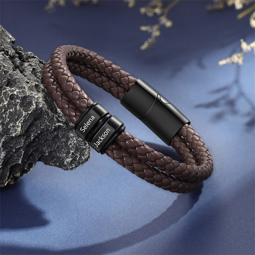 Personalized Leather Bracelet with Engraved Kid Names Gift for Dad