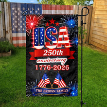 Load image into Gallery viewer, Personalized Family Name Garden Flag USA 250th Anniversary Gift
