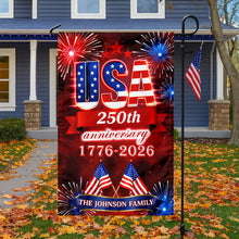 Load image into Gallery viewer, Personalized Family Name Garden Flag USA 250th Anniversary Gift
