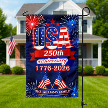 Load image into Gallery viewer, Personalized Family Name Garden Flag USA 250th Anniversary Gift
