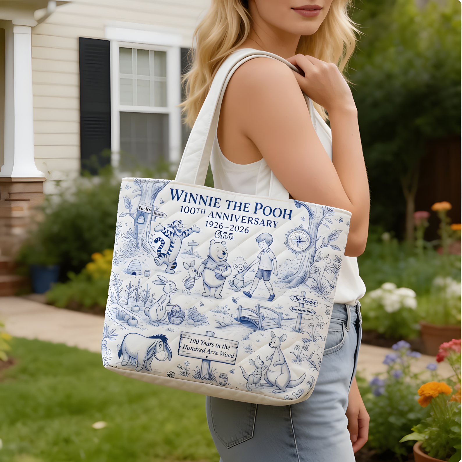 Personalized Winnie the Pooh 100th Anniversary Quilted Tote Bag Gift for Fans