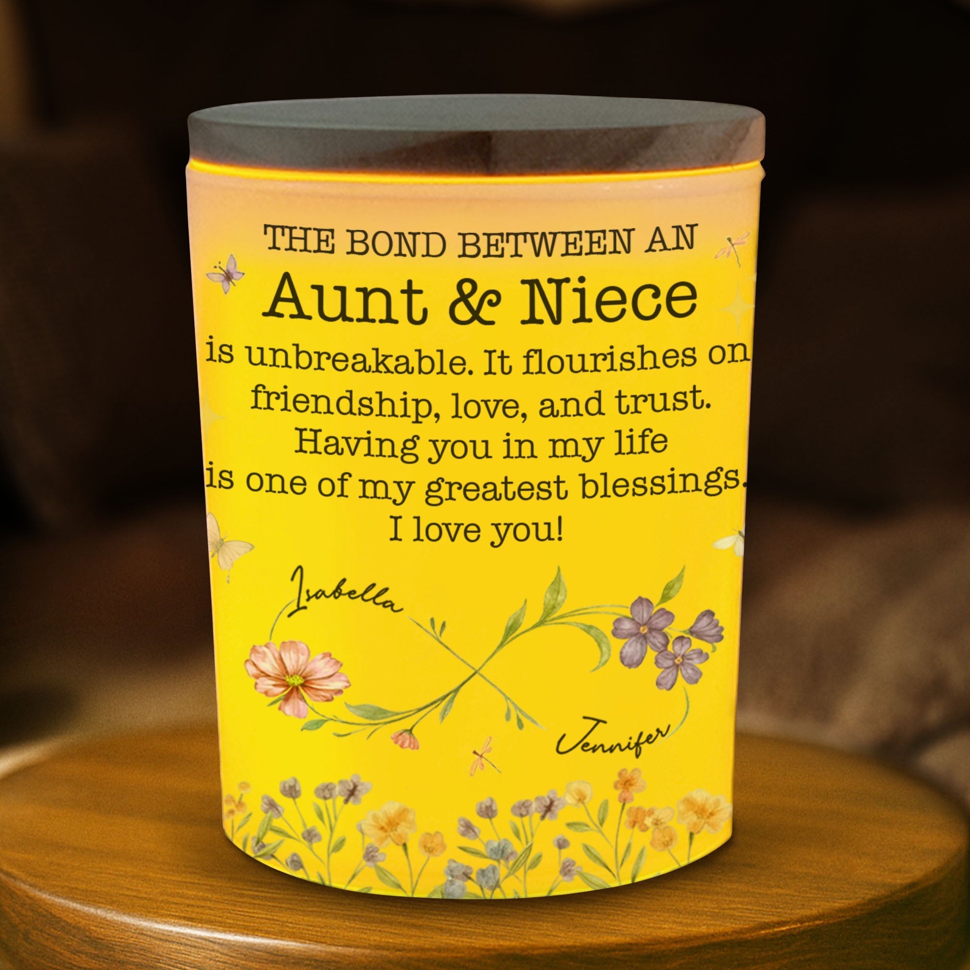 Personalized Glass LED Jar Custom Name Niece Gift Floral Design