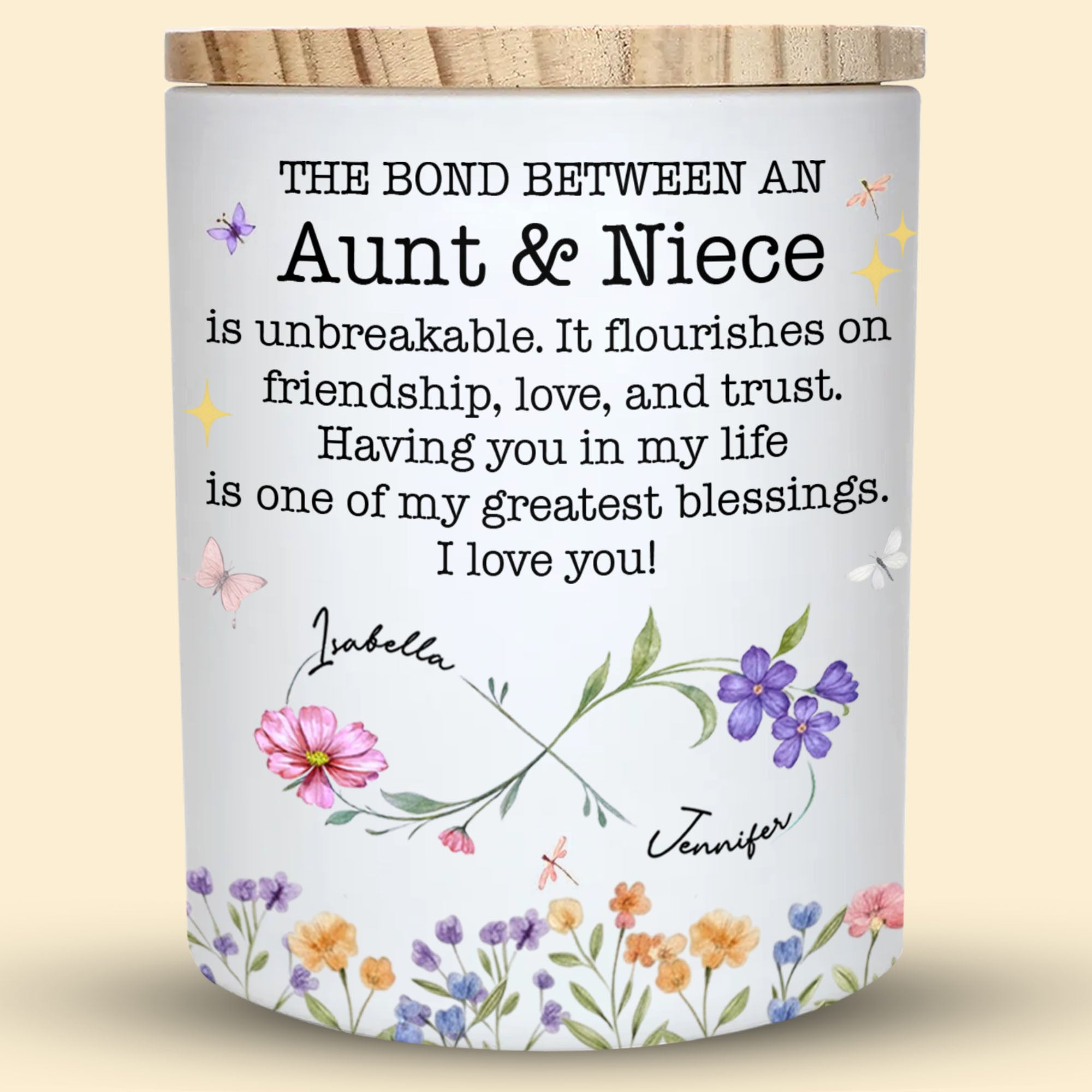 Personalized Glass LED Jar Custom Name Niece Gift Floral Design