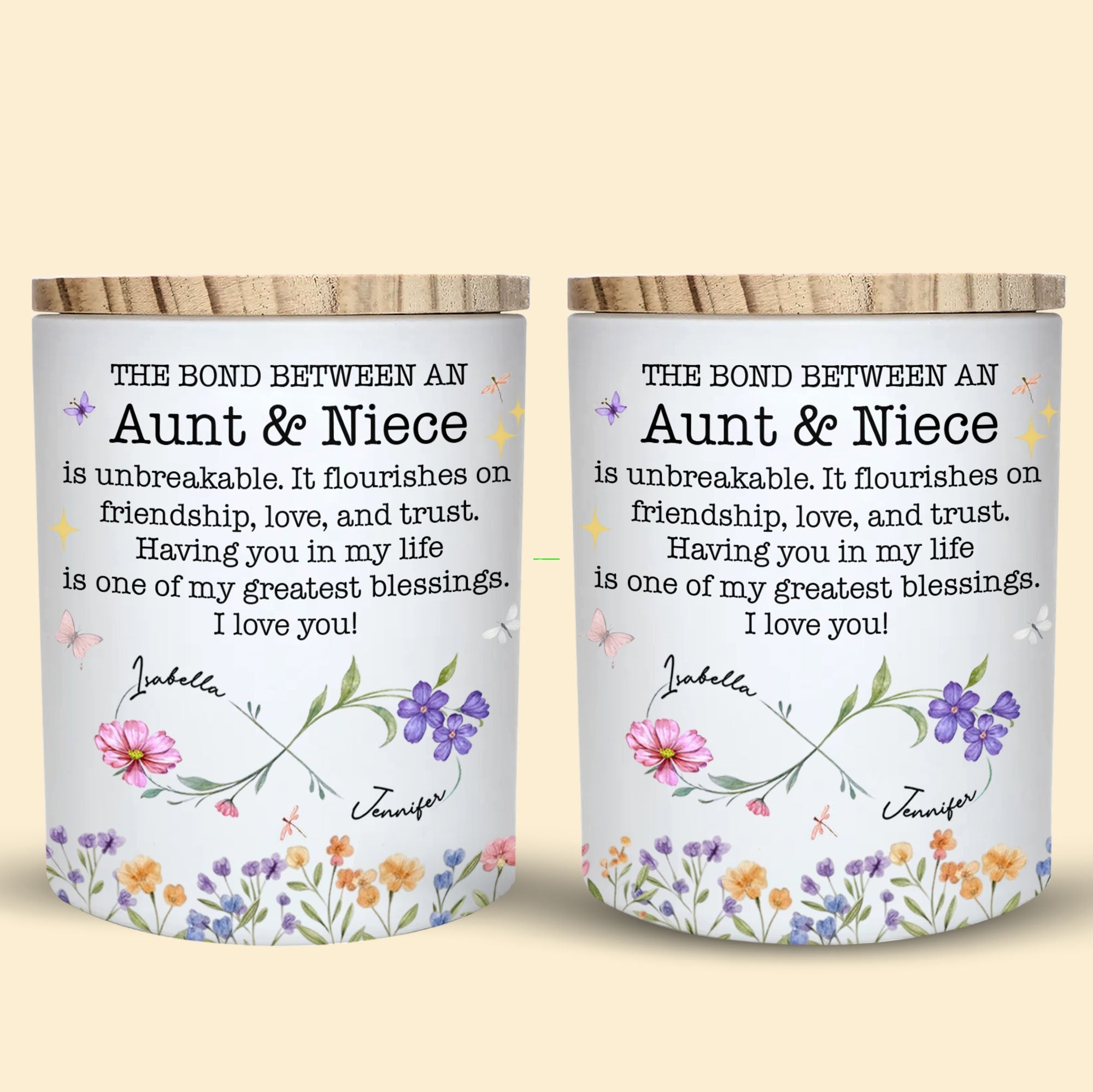 Personalized Glass LED Jar Custom Name Niece Gift Floral Design