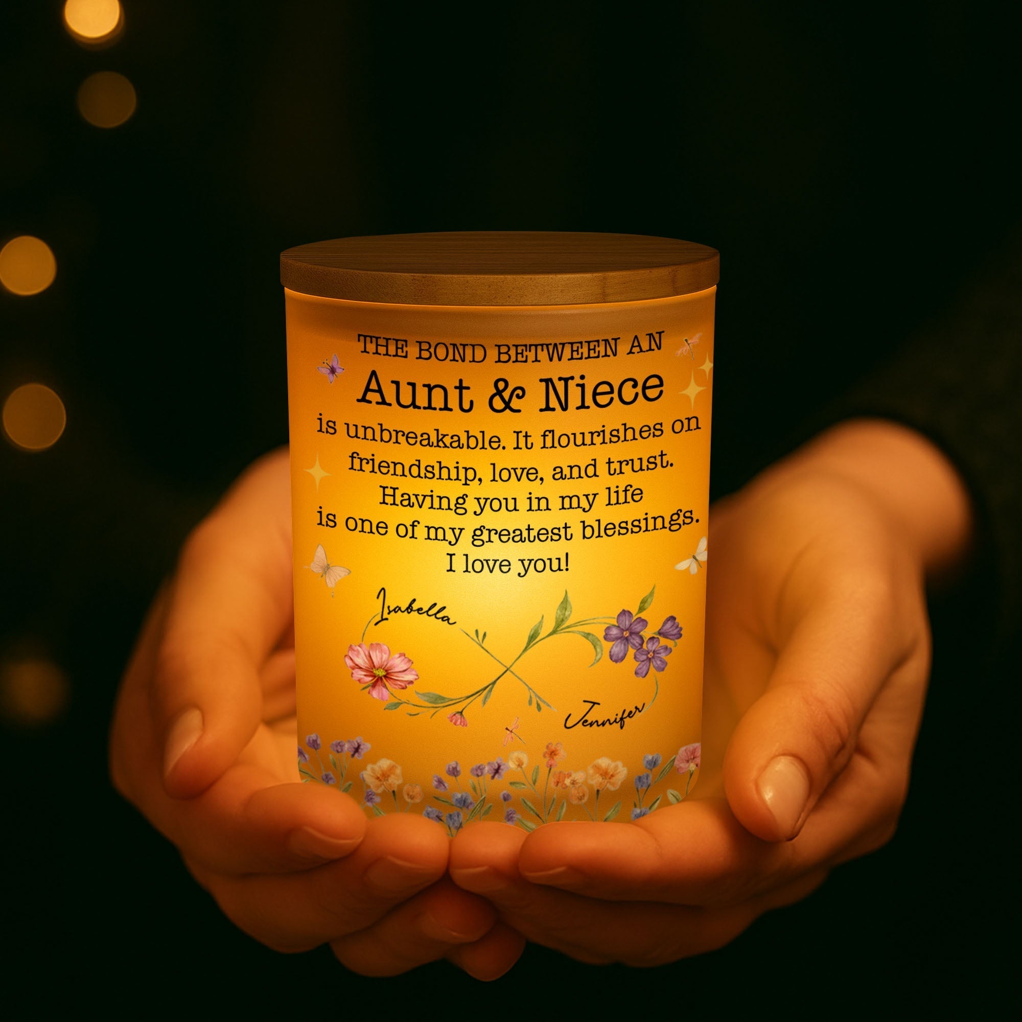 Personalized Glass LED Jar Custom Name Niece Gift Floral Design