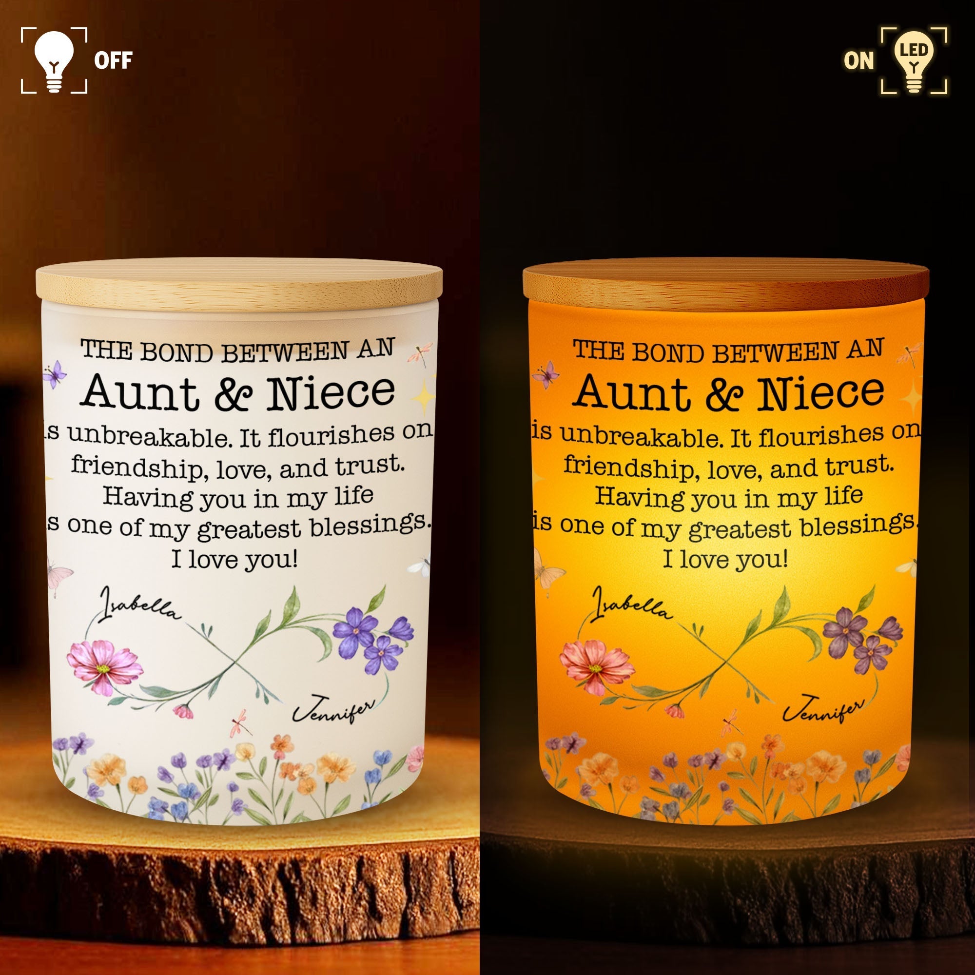 Personalized Glass LED Jar Custom Name Niece Gift Floral Design
