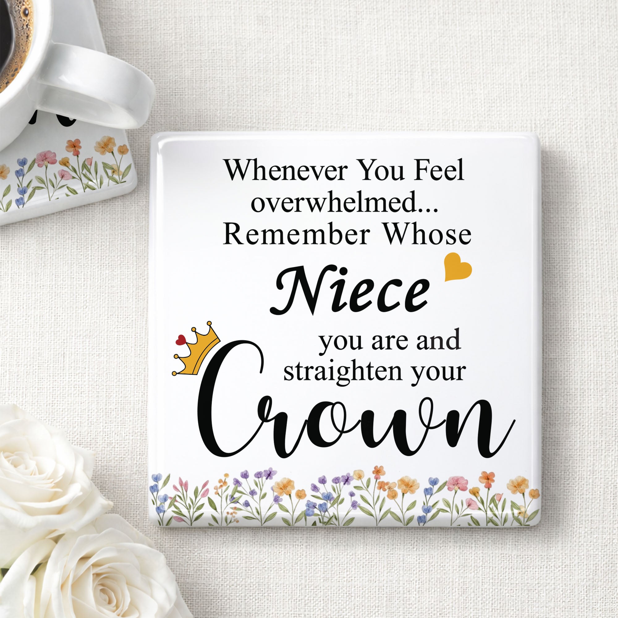 Personalized Ceramic Coaster Custom Niece Gift Crown Flowers