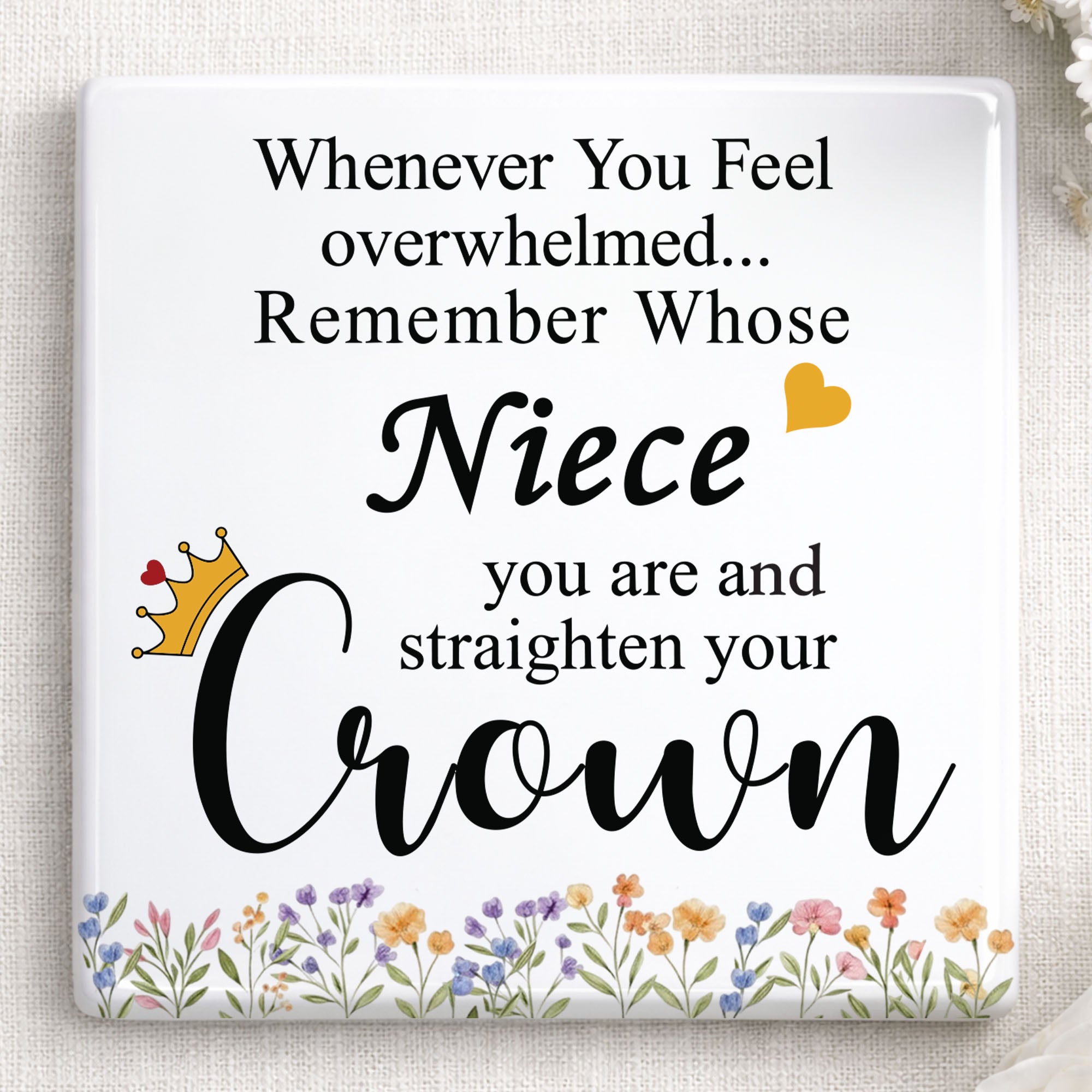 Personalized Ceramic Coaster Custom Niece Gift Crown Flowers