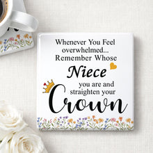 Load image into Gallery viewer, Personalized Ceramic Coaster Custom Niece Gift Crown Flowers

